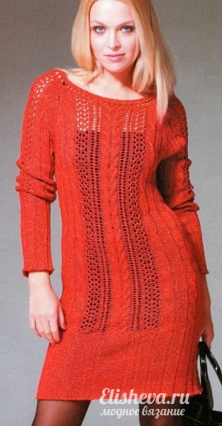 Платье с узором-косой "sexy in red" вязаное спицами