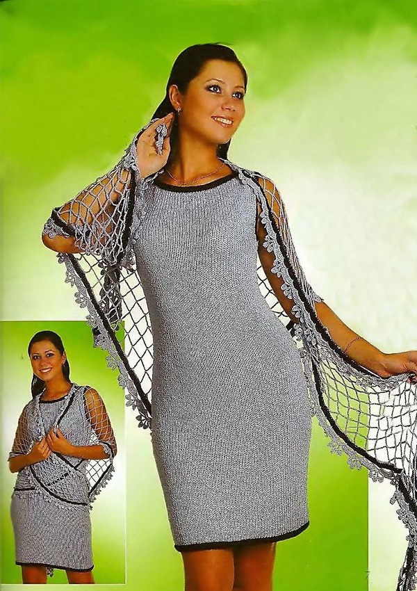 Строгое платье-сарафан и воздушная шаль вязанные спицами и крючком