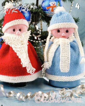 Дед Мороз и Снегурочка вязаные спицами и крючком. Новогодние игрушки своими руками