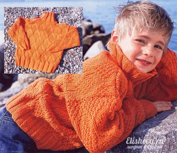 Пуловер с рельефными ромбами оранжевого цвета для мальчика вязаный спицами