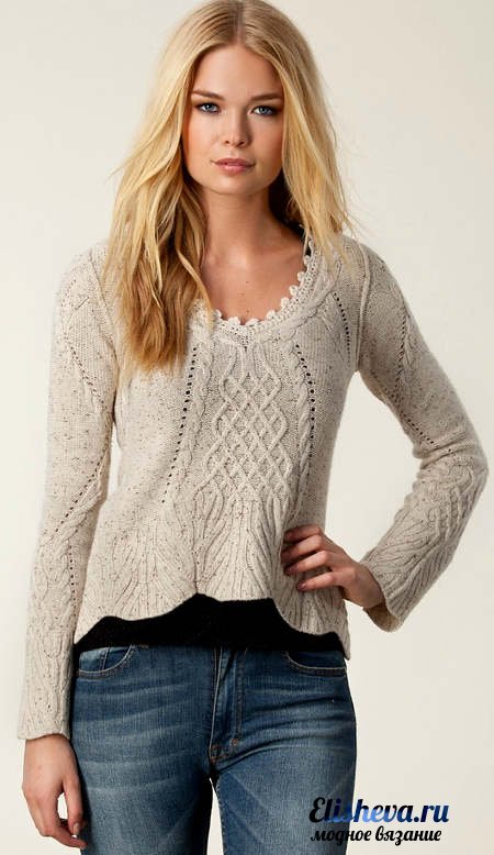 Шикарный ажурный пуловер "Beige" вязаный спицами