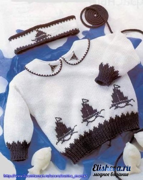 Детский пуловер с корабликами для мальчика вязаный спицами