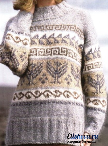 Вязаный свитер с скандинавским узором вязаный спицами