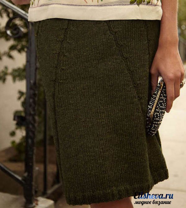 Темно-оливковая юбка от Вероники Эвери вязаная спицами