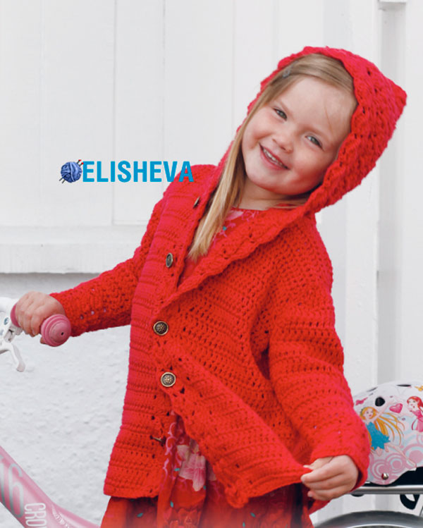 Ажурное пальто для девочки с капюшоном "Little Red Riding Hood" от DROPS Design, вязаное крючком