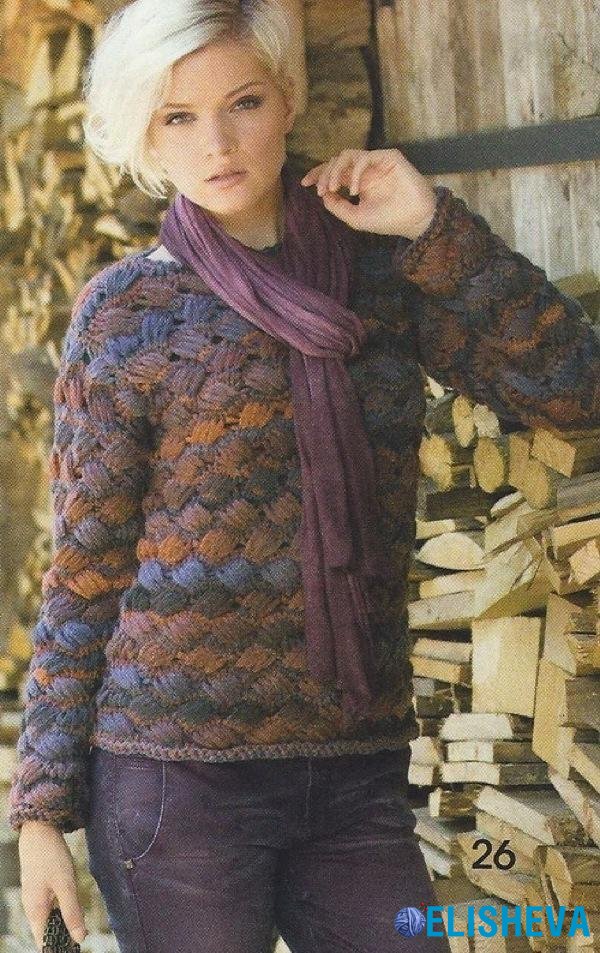 Пуловер с плетеным узором, вязаный спицами