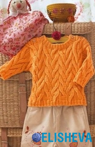 Пуловер для малыша с узором из кос, вязаный спицами