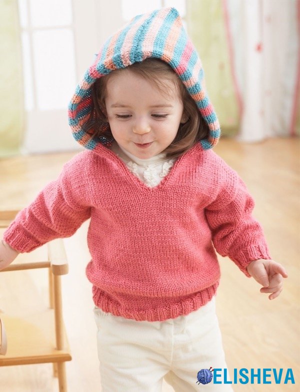 Яркая кофта с полосатым капюшоном для малышей "Радужное настроение", вязаная спицами