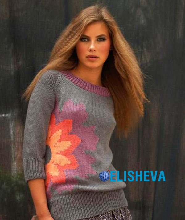 Красивый пуловер реглан + интарсия из цветов, вязаный спицами
