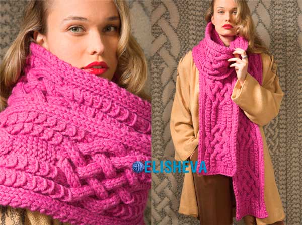 Красивый шарф с аранскими узорами от Vogue Knitting вязаный спицами