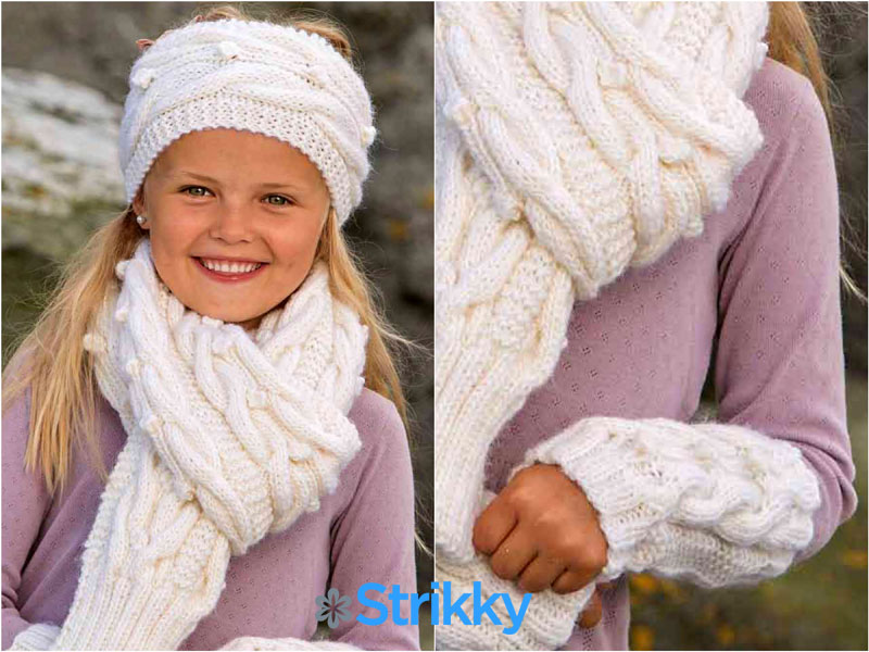 Комплект для девочки со жгутами и шишечками (повязка, шарф и митенки) вязаный спицами