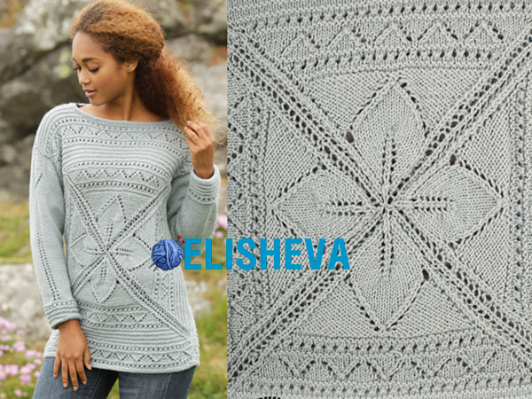 Удлинённый женский пуловер с красивым узором от Drops Design: описание спицами и схема