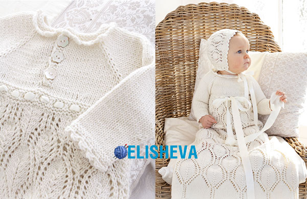 Белое вязаное платье спицами для крещения девочки, от рождения до 2 лет